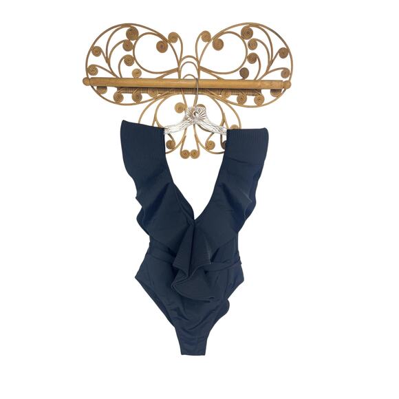 DAVI & DANI Women's Solid Ruffle Sleeve Tie Front One Piece Swimsuit Black - Picture 2 of 10